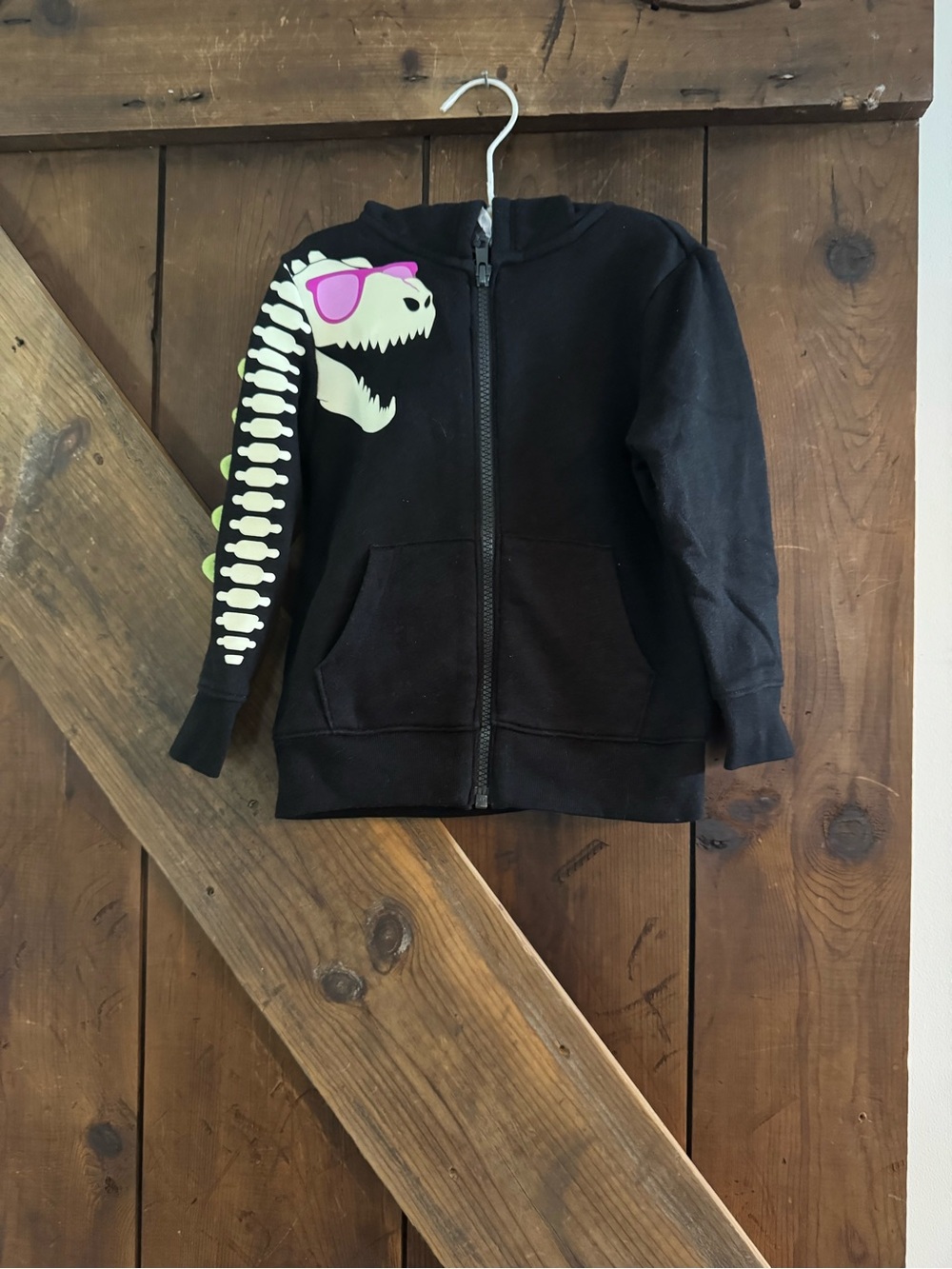 4/$12 Cat & Jack Glow In The Dark Black Zip Hoodie with Neon Dino Skull Graphic
